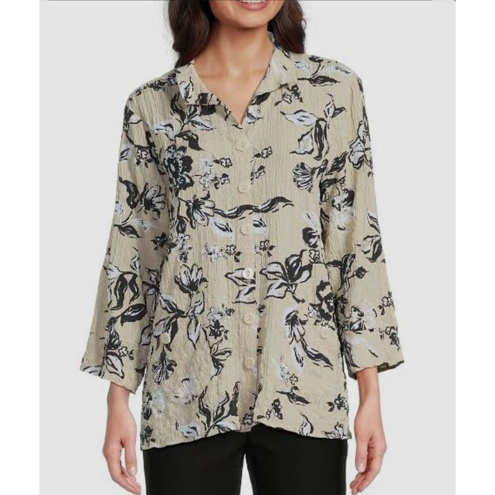 Ali Miles Pucker Woven Button Up Down Tunic Shirt Womens Size Large Floral Lagom